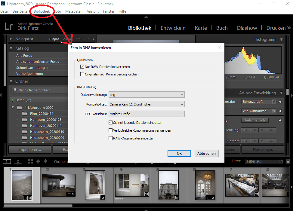 Lightroom Befehl zur Konvertierung des Rohdatenformats